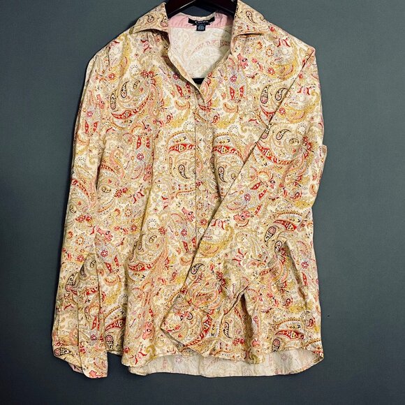 Chaps Tan Paisley Button Down Blouse Large - Picture 1 of 6